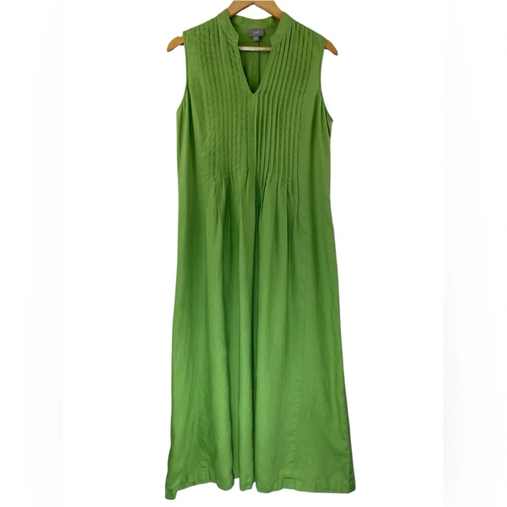 J. Jill Linen Pintuck Pleated Sleeveless Maxi Dress Apple Green Size M Lagenlook - Picture 3 of 10